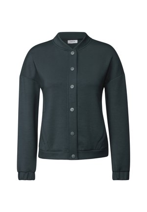 Dunkelgrüner Sweatjacke, Knopfleiste, gerippte Bündchen, seitliche Taschen, glatte Textur und Stehkragen.