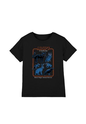Black t-shirt featuring illustrations of a cat, owl, rat, rabbit, toad, and crow with text "Adopt a familiar" and "Black Magic Animal Rescue."