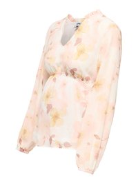 Jasnoróżowa przezroczysta bluzka ciążowa z długimi bufkowymi rękawami, elastyczną talią, marszczonym dekoltem i delikatnym żółtym kwiatowym wzorem.