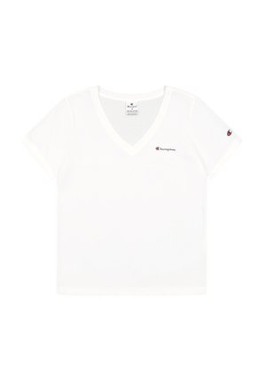 Biała bawełniana koszulka z dekoltem w serek, krótkimi rękawami oraz logo Champion w czerwonym kolorze na lewej piersi. Posiada gładką fakturę i klasyczny krój.