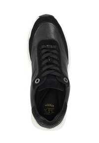 Black leather sneaker with textured upper, black laces, white sole, and metallic eyelets, viewed from above on a white background.