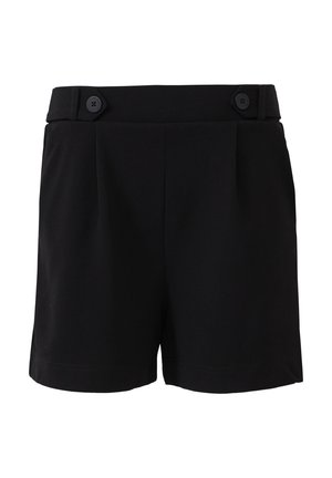 Black tailored shorts with double button closure, pleated front, and smooth texture. Ankle-length with clean hemline and minimal detailing.