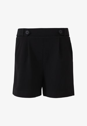 Black tailored shorts with double button closure, pleated front, and smooth texture. Ankle-length with clean hemline and minimal detailing.