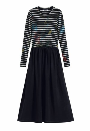 Gestreiftes langärmliges Kleid mit taillierter Oberpartie und einem fließenden schwarzen Rock. Verfügt über farbenfrohe abstrakte Muster im oberen Bereich. Glatte Textur.
