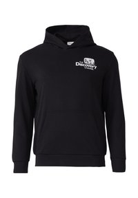 Schwarzer Kapuzenpullover aus Baumwollmischung, mit einer Vorderasche und einem aufgedruckten Discovery Channel-Logo in Weiß auf der Brust.