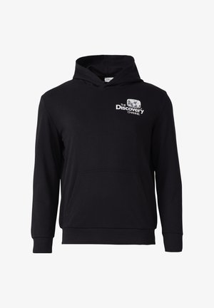 Felpa nera con cappuccio realizzata in cotone misto, con tasca frontale e logo della Discovery Channel stampato in bianco sul petto.