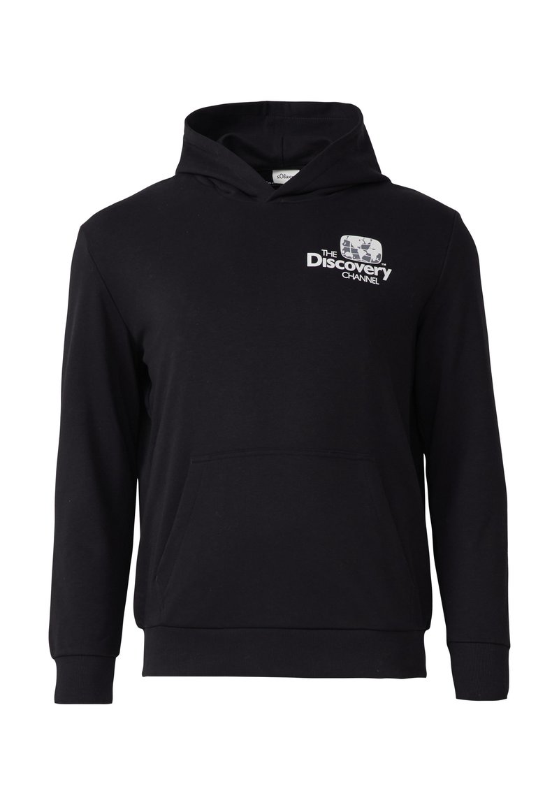 Schwarzer Kapuzenpullover aus Baumwollmischung, mit einer Vorderasche und einem aufgedruckten Discovery Channel-Logo in Weiß auf der Brust.