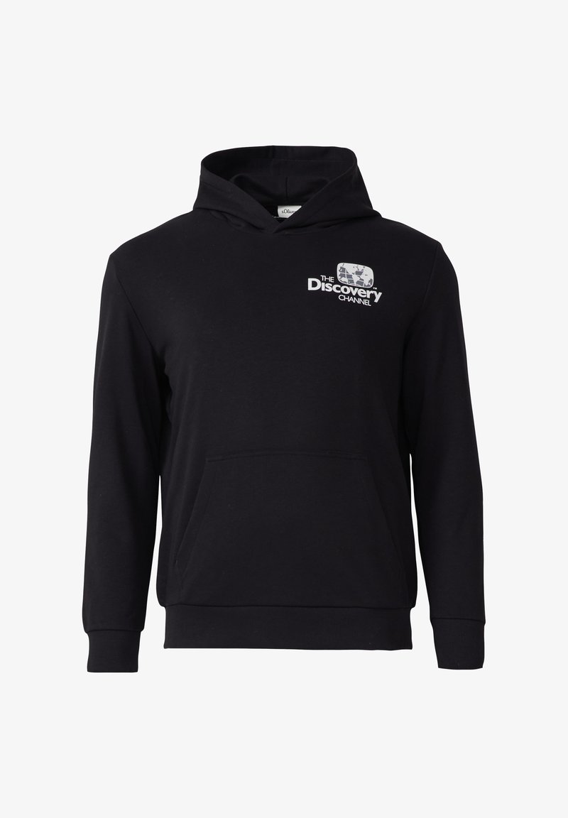 Schwarzer Kapuzenpullover aus Baumwollmischung, mit einer Vorderasche und einem aufgedruckten Discovery Channel-Logo in Weiß auf der Brust.