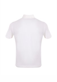 Polo majica s kratkimi rokavi v beli barvi, s klasičnim ovratnikom, gladkim materialom in ravnim robom. Minimalističen dizajn brez vzorcev ali dodatkov.
