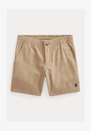 Bež kratke hlače z elastičnim pasom, sprednjimi žepi in zapiranjem na gumb. Na levi strani majhen mornarsko moder logotip. Izdelane iz mehke tkanine.