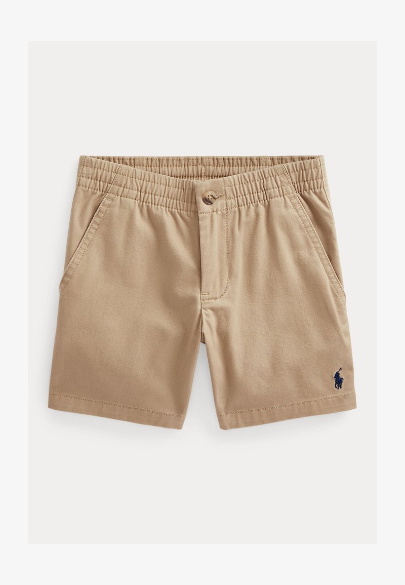 Bež kratke hlače z elastičnim pasom, sprednjimi žepi in zapiranjem na gumb. Na levi strani majhen mornarsko moder logotip. Izdelane iz mehke tkanine.