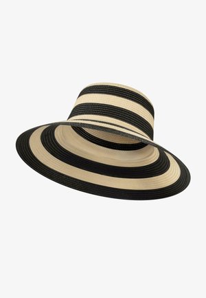 Breiter Hut mit abwechselnden schwarzen und beigen Streifen, gefertigt aus gewebtem Material, mit einer strukturierten Form und texturierten Oberfläche.