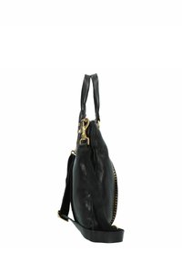 Borsa a tracolla in pelle nera con forma curvata, dotata di accessori in oro, tracolla removibile e finitura texture.