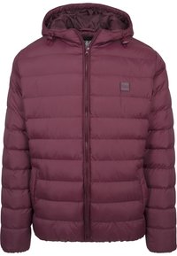 Burgundowa kurtka ocieplana z zapięciem na zamek, regulowanym kapturem i poziomym przeszyciem. Posiada naszywkę z logo na piersi oraz gładką fakturę.