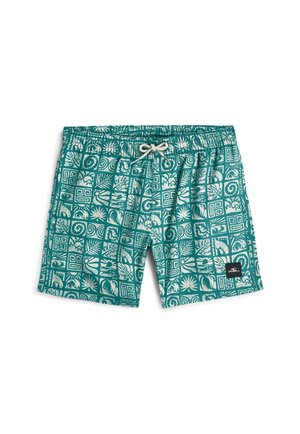 Mėlynos spalvos plaukimo šortai su baltais tropiniais ir geometriniais raštais, elastinga liemenė, raišteliai pririšimui ir juodas prekės ženklo ženklas kairiajame šlaunyje.