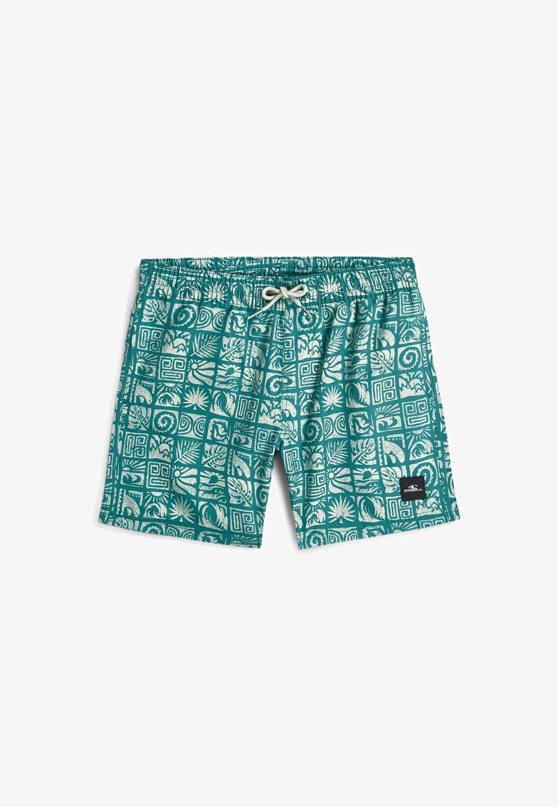 Türkisfarbene Badeshorts mit weißen tropischen und geometrischen Mustern, elastischem Bund, Kordelzug und schwarzem Markenzeichen auf dem linken Bein.