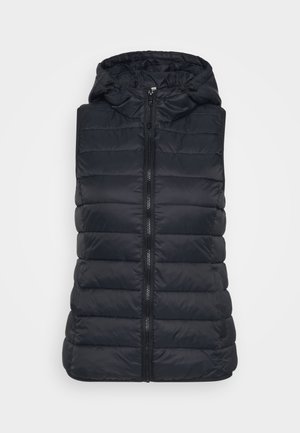 Must musternakk, millel on kapuuts, keskel tõmblukk, horisontaalne tikandid ja ilma varrukateta. Sobib kihitamiseks jahedas ilmades.