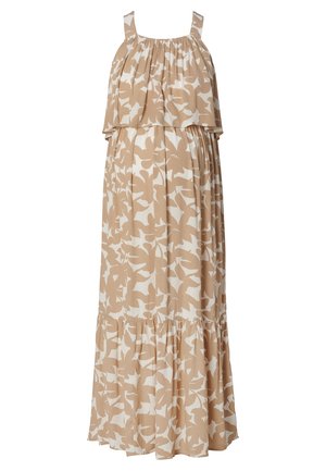 Maxi-jurk in beige met een wit abstract patroon, voorzien van twee dunne bandjes, een elastische bodice en een gelaagde rucheszoom.