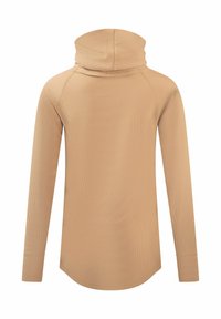 Beige Langarm-Hoodie mit hohem Kragen, gerippter Textur und abgerundetem Saum. Mit Raglanärmeln und dezenten Nähten.