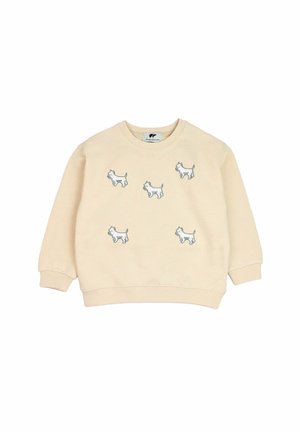 Beiges Kleinkind-Sweatshirt mit fünf kleinen weißen Hundeillustrationen, gleichmäßig auf der Vorderseite verteilt, mit langen Ärmeln und Rundhalsausschnitt.