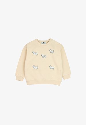 Felpa beige per bambino con cinque piccole illustrazioni di cani bianchi distribuite uniformemente sul davanti, con maniche lunghe e scollatura rotonda.