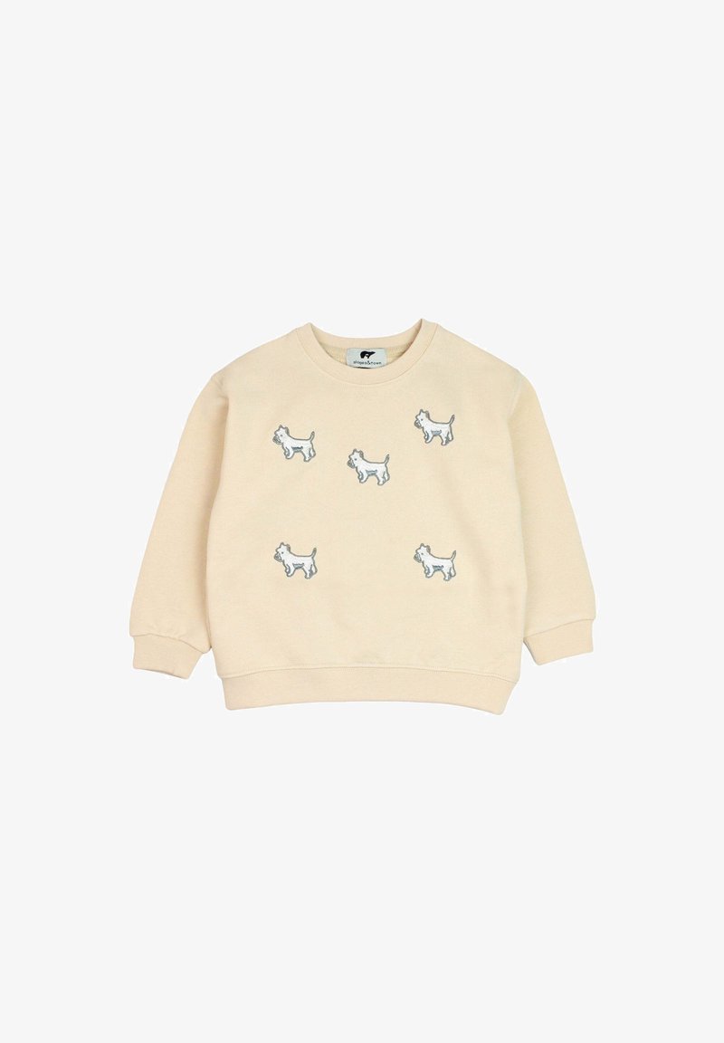 Sweat-shirt beige pour tout-petit avec cinq petites illustrations blanches de chiens réparties uniformément sur le devant, doté de manches longues et d'un col rond.