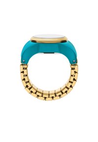 Montre turquoise avec un bracelet en métal doré. Elle présente un cadran rond lisse, un contraste de couleurs audacieux et des maillons rectangulaires dans le design du bracelet.