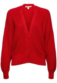 Rote Strickjacke mit tiefem V-Ausschnitt, langen Puffärmeln und Knopfleiste. Verfügt über ein strukturiertes Muster sowie gerippte Bündchen und Saum.