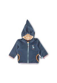 Blaues Fleece-Hoodie mit orangefarbenen Akzenten, gestreiften Innenfutter und einem Frontreißverschluss. Verfügt über Taschen und ein gesticktes Vogelmotiv auf der Brust.