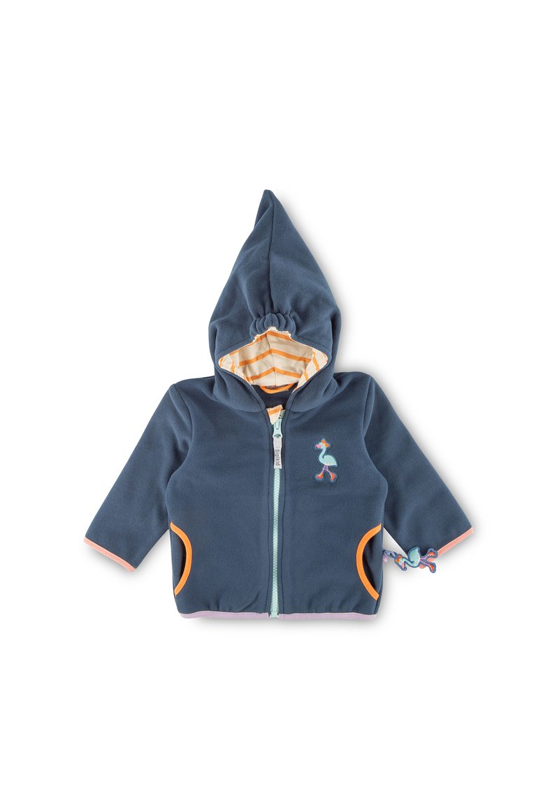 Blaues Fleece-Hoodie mit orangefarbenen Akzenten, gestreiften Innenfutter und einem Frontreißverschluss. Verfügt über Taschen und ein gesticktes Vogelmotiv auf der Brust.