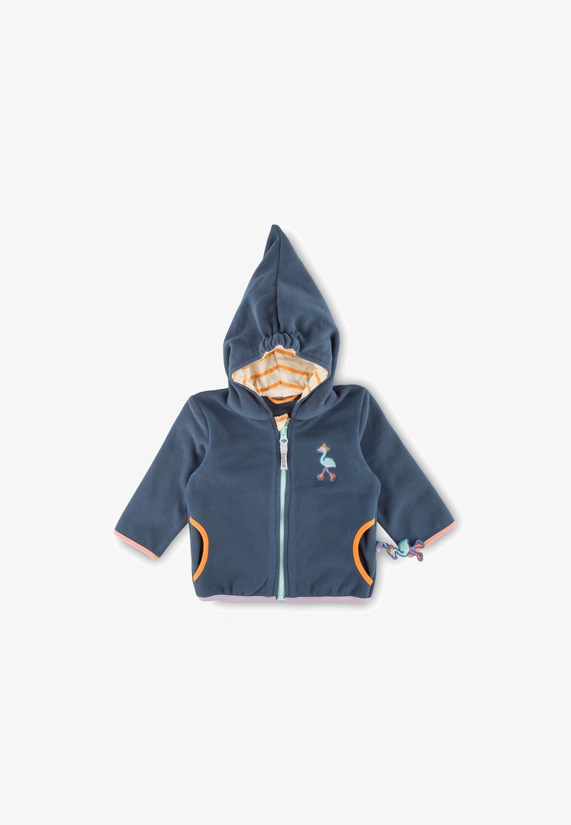 Blaues Fleece-Hoodie mit orangefarbenen Akzenten, gestreiften Innenfutter und einem Frontreißverschluss. Verfügt über Taschen und ein gesticktes Vogelmotiv auf der Brust.