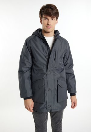 Grau wasserdichte Jacke mit Kapuze, Frontknöpfen und zwei großen Taschen. Aus glattem, leichtem Material mit lässiger Passform.