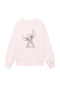 Felpa rosa con maniche lunghe, caratterizzata da un'illustrazione del personaggio Stitch in grigio scuro sulla parte frontale. Tessuto morbido e vestibilità comoda.