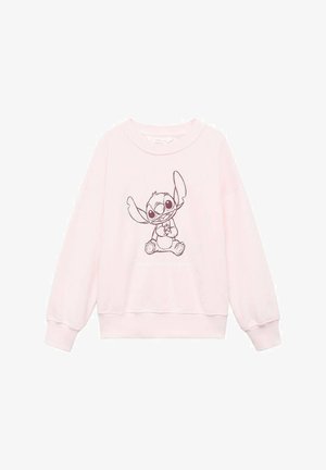 Růžová mikina s dlouhými rukávy, s ilustrací kresleného Stitcha v tmavě šedé barvě na přední straně. Měkká látka a uvolněný střih.