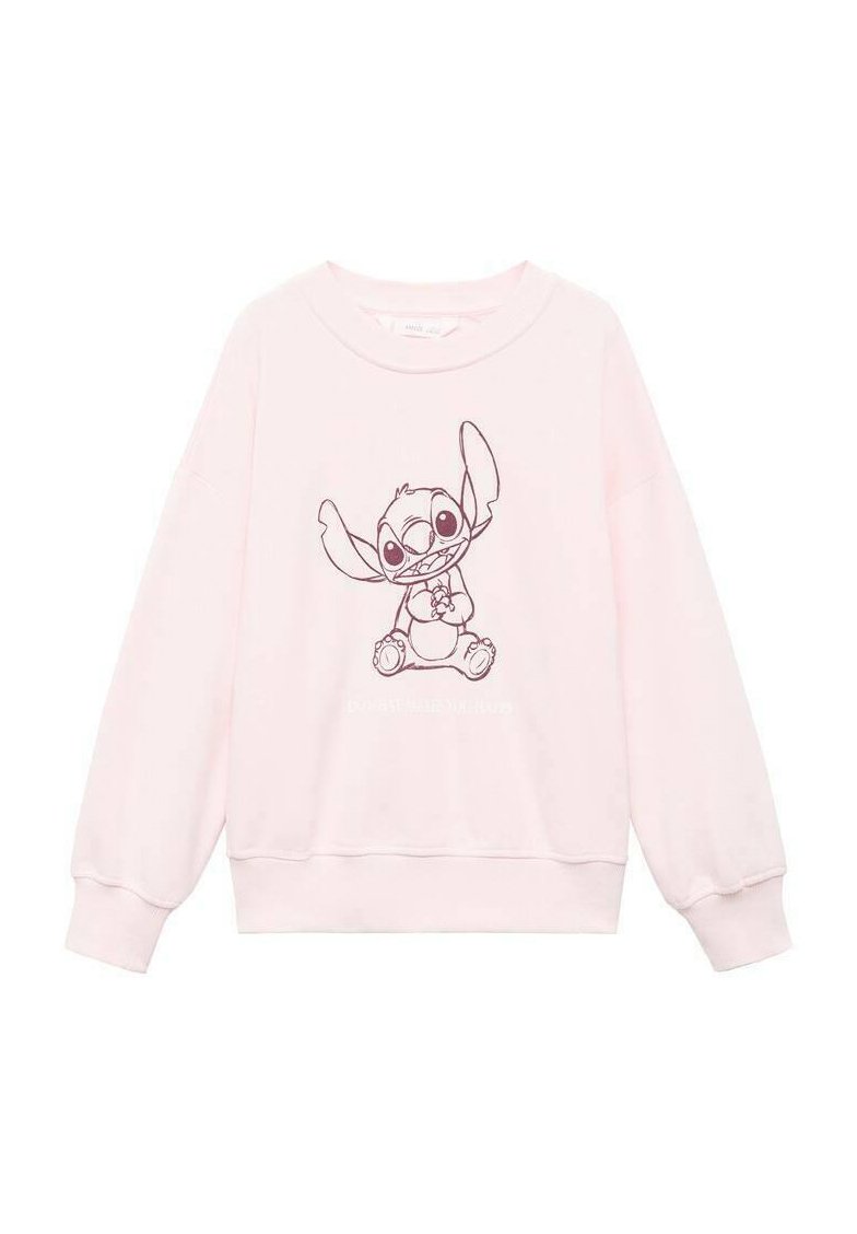Felpa rosa con maniche lunghe, caratterizzata da un'illustrazione del personaggio Stitch in grigio scuro sulla parte frontale. Tessuto morbido e vestibilità comoda.
