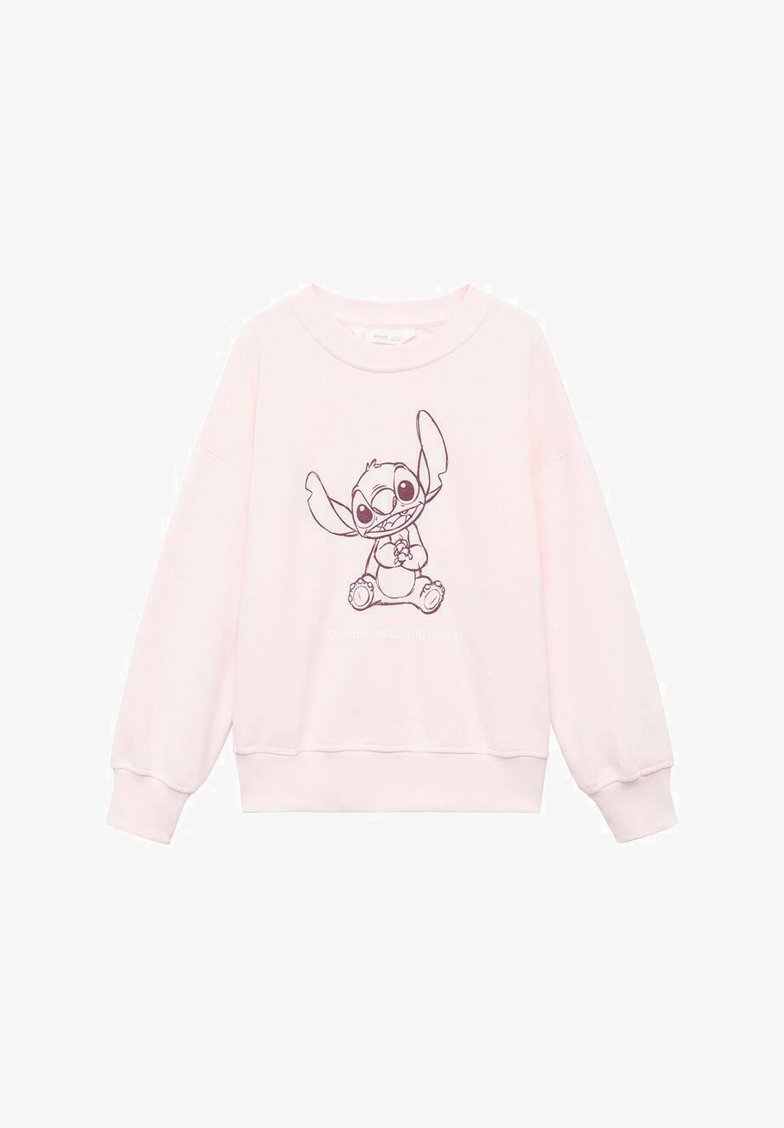 Felpa rosa con maniche lunghe, caratterizzata da un'illustrazione del personaggio Stitch in grigio scuro sulla parte frontale. Tessuto morbido e vestibilità comoda.