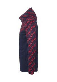 Veste à capuche avec un corps bleu marine uni et des manches à motif éclairs rouges. Fabriquée en tissu doux et respirant. Comprend des poches latérales.