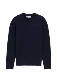Donkerblauwe lange mouw pullover trui met een ribgebreide ronde halslijn en manchetten, weergegeven tegen een effen witte achtergrond.