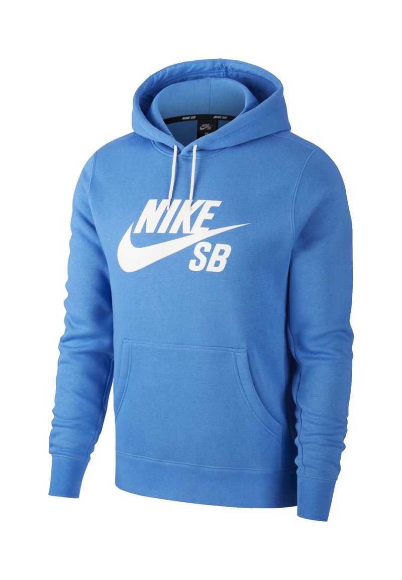 Blå hoodie i mjukt tyg med en framficka, vit Nike SB-logotyp och justerbar huva med dragsko.