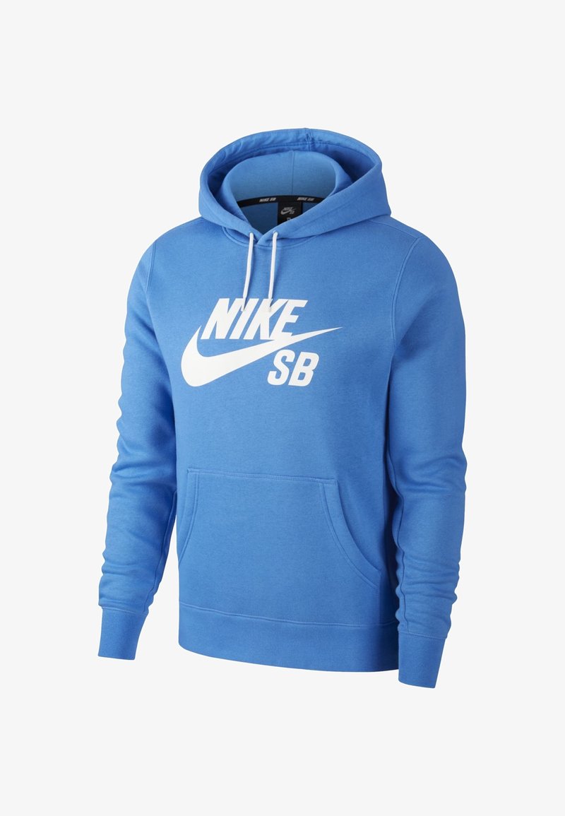 Modrá mikina s kapucí z měkké látky, s přední kapse ve stylu klokaního vaku, bílým logem Nike SB a nastavitelnou kapucí se šňůrkou.