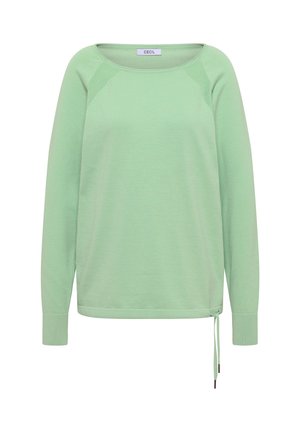 Hellgrüner Pullover mit langen Ärmeln und rundem Ausschnitt, gerippten Bündchen, strukturierten Schulterpartien und einem Kordelzugdetail am Saum auf der rechten Seite.