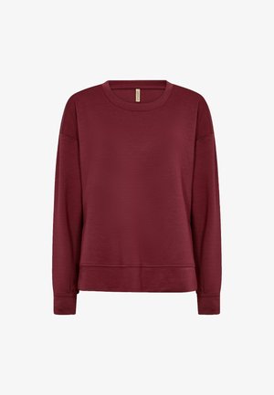 Langärmliger Rundhals-Pullover in sattem Dunkelrot mit überschnittenen Schultern sowie Rippbündchen und -saum.