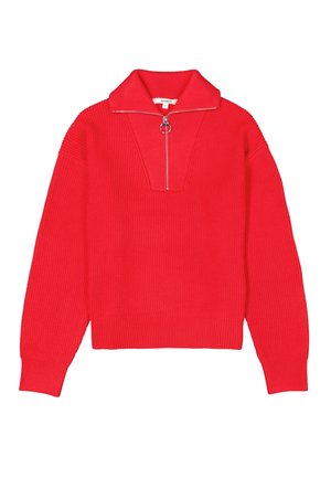 Rode gebreide sweater met een hoge kraag, halve ritssluiting, geribbelde textuur en brede mouwen. Bevat een opvallende V-vormige naad bij de halslijn.