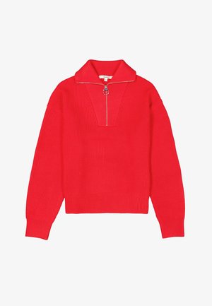 Rode gebreide sweater met een hoge kraag, halve ritssluiting, geribbelde textuur en brede mouwen. Bevat een opvallende V-vormige naad bij de halslijn.