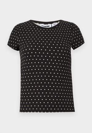 Czarny t-shirt z krótkim rękawem w białe kropki, z okrągłym dekoltem i prostym dołem.