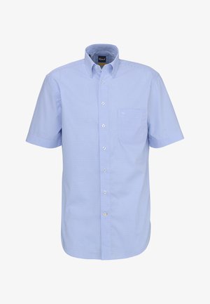 Camicia a maniche corte, azzurro chiaro a quadretti, con bottoni, tasca frontale e colletto, esposta su sfondo bianco.