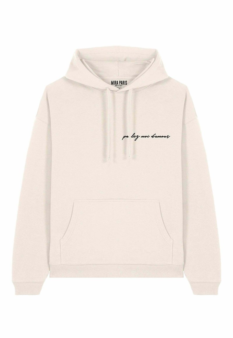 Helebežžedane kapuutsiga dressipluus, millel on ees tasku, nööridega kapuuts ja käsitsi kirjutatud must tekst "po ley moi d'amour" rindkere peal. Pehme kangastekstuuri.