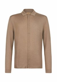 Braunes Langarmhemd aus weichem Stoff, mit einer durchgehenden Knopfleiste und einem spitzen Kragen, der eine subtile Struktur aufweist.