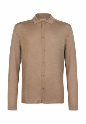 Braunes Langarmhemd aus weichem Stoff, mit einer durchgehenden Knopfleiste und einem spitzen Kragen, der eine subtile Struktur aufweist.