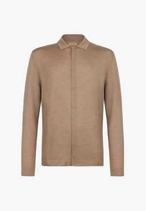 Braunes Langarmhemd aus weichem Stoff, mit einer durchgehenden Knopfleiste und einem spitzen Kragen, der eine subtile Struktur aufweist.